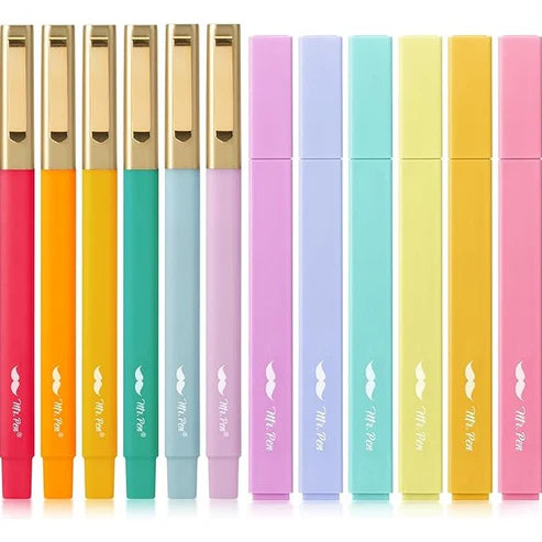 Aesthetic Highlighters & Ballpoint Pens, 12 Pack, Black or Colored Ink, No-Bleed, Soft Colors, Chisel Tip + Ballpoint Pens, Journaling & Study Set