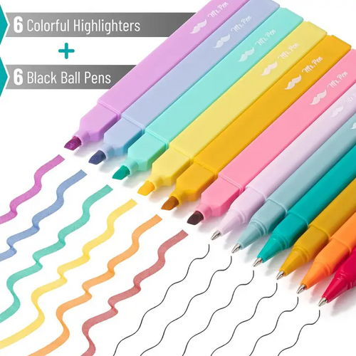 Aesthetic Highlighters & Ballpoint Pens, 12 Pack, Black or Colored Ink, No-Bleed, Soft Colors, Chisel Tip + Ballpoint Pens, Journaling & Study Set