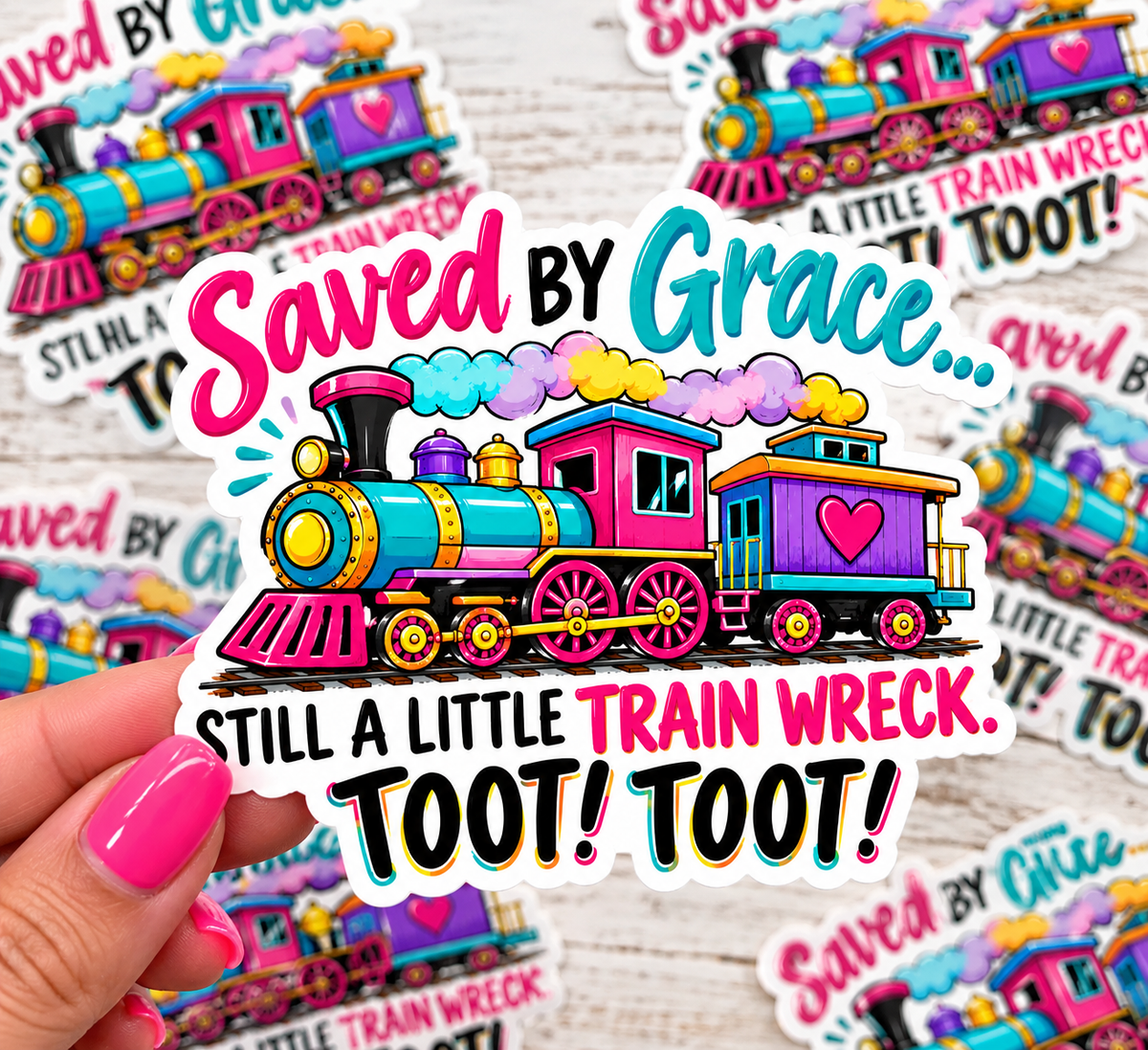 Saved by Grace — Still a Little Train Wreck Sticker 🚂